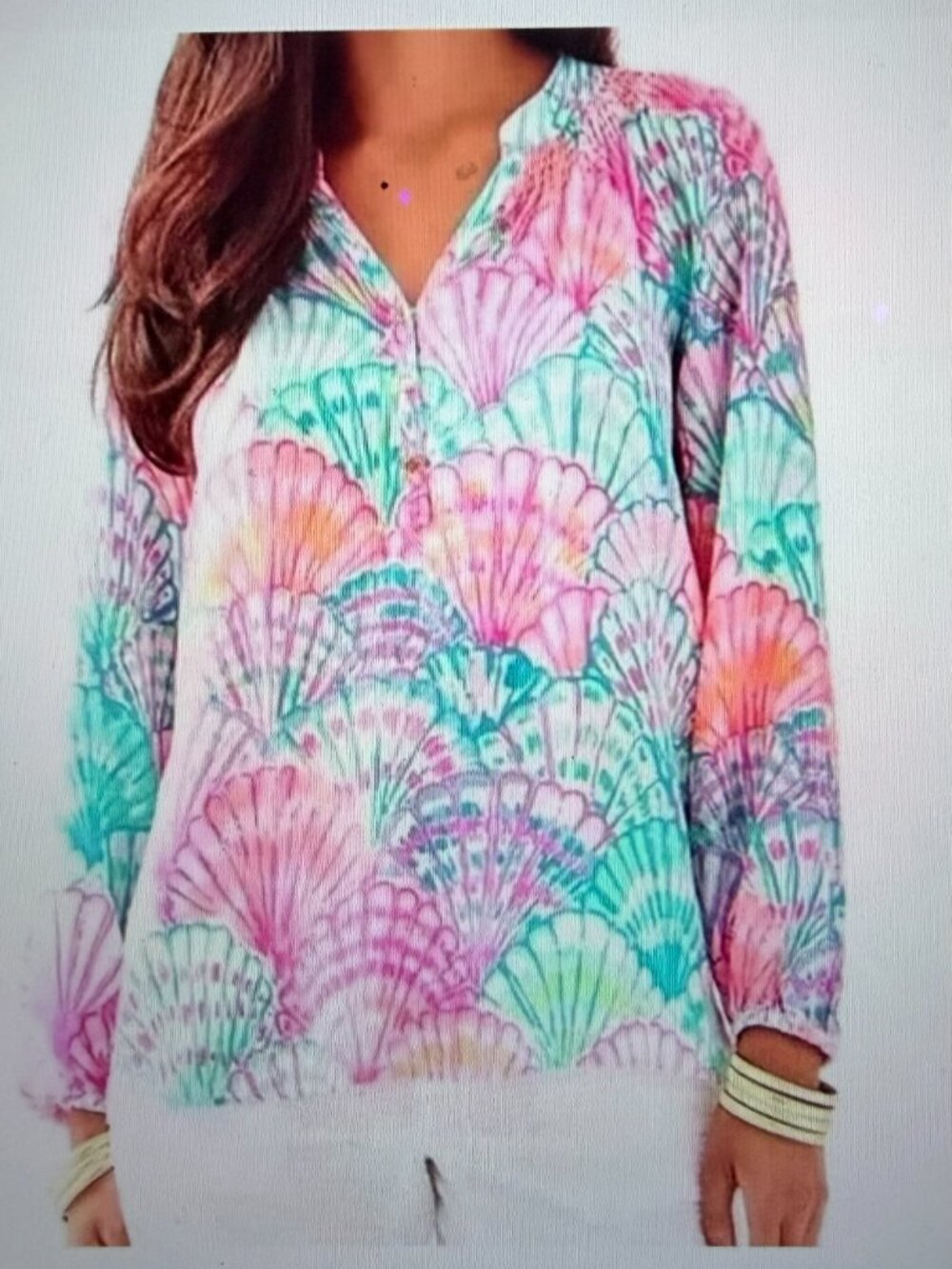Lilly Pulitzer Elsa 100% Silk Seashell Print Blouse Pink Aqua Women's XS